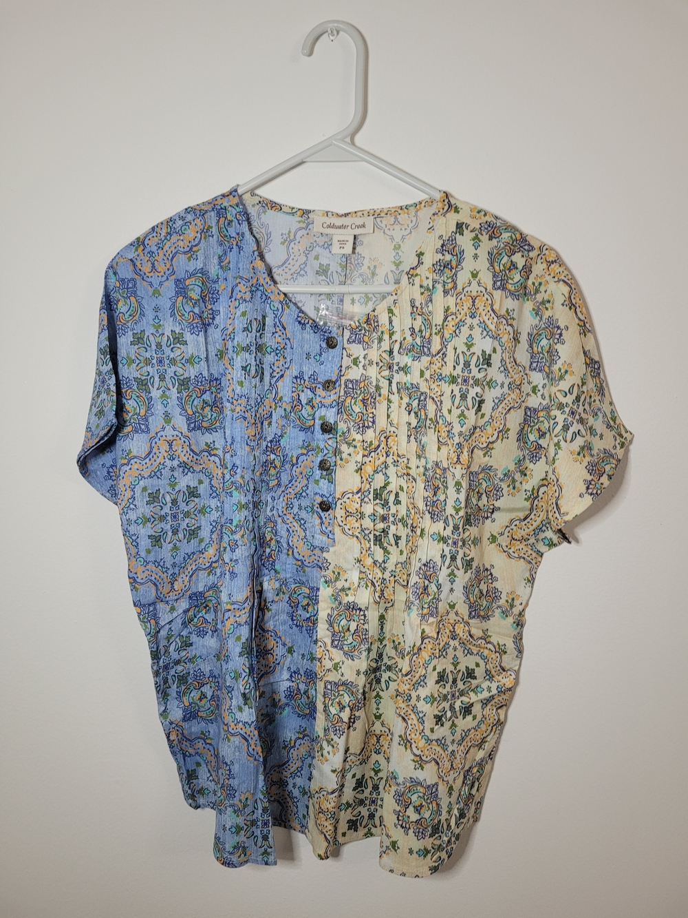 Coldwater Creek Blue Yellow Floral Paisley Short Sleeve Top Size PS